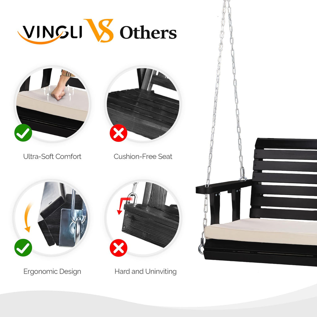 4 FT Heavy Duty Porch Swing with Cushion, 880 LBS Wooden, Black