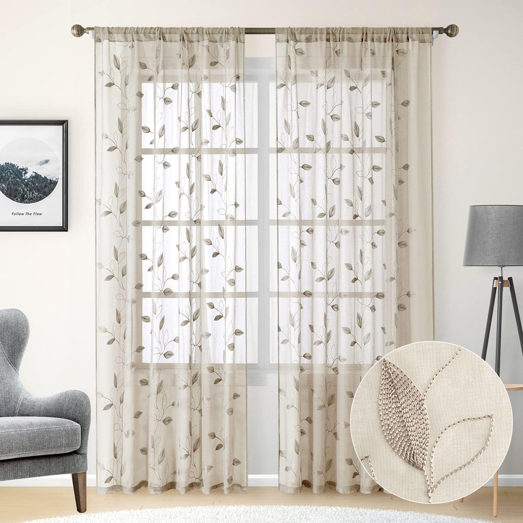 Taupe Sheer Curtains Leaf Embroidered, 52x84 Inch, 2 Panels