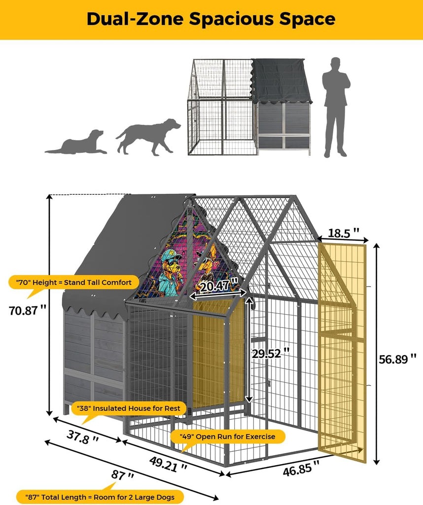 87" Heavy Duty Metal Dog Run Enclosure, with Waterproof Roof Wooden Dog House
