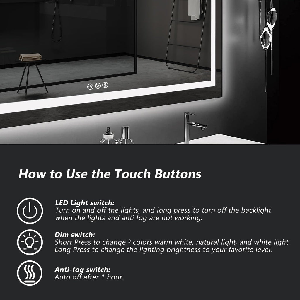 36x28 Inches LED Bathroom Mirror with Lights, Vanity Mirror with Front and Backlight, Smart Dimmable Anti-Fog LED