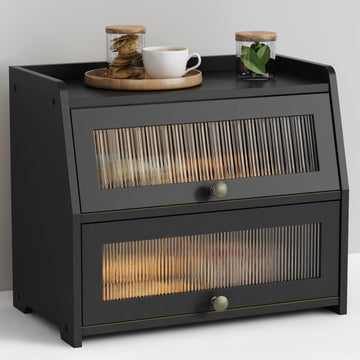 Large Countertop, Black Bread Storage Container made Bread, Double Layer Farmhouse Breadbox Organizer Counter