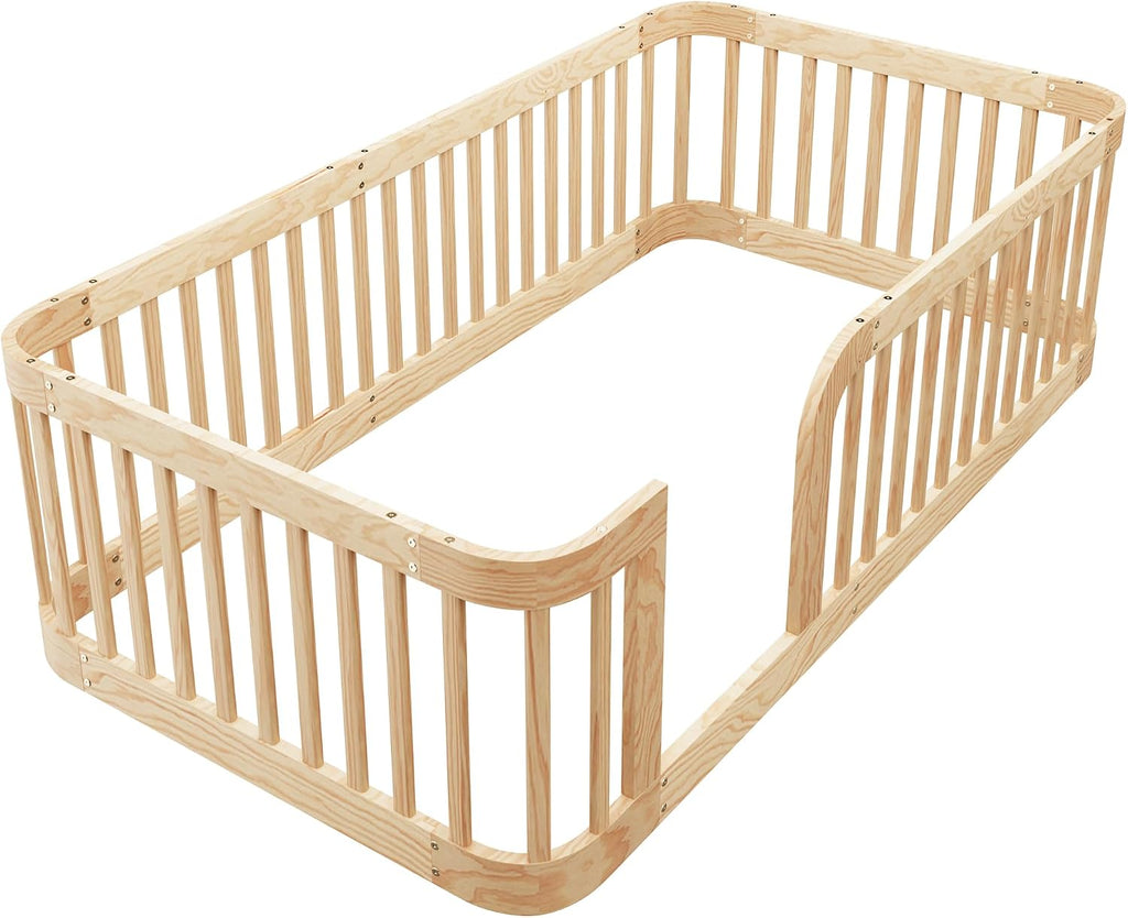 Floor Bed with High Fence & Entrance, Natural Floor Bed for Kids