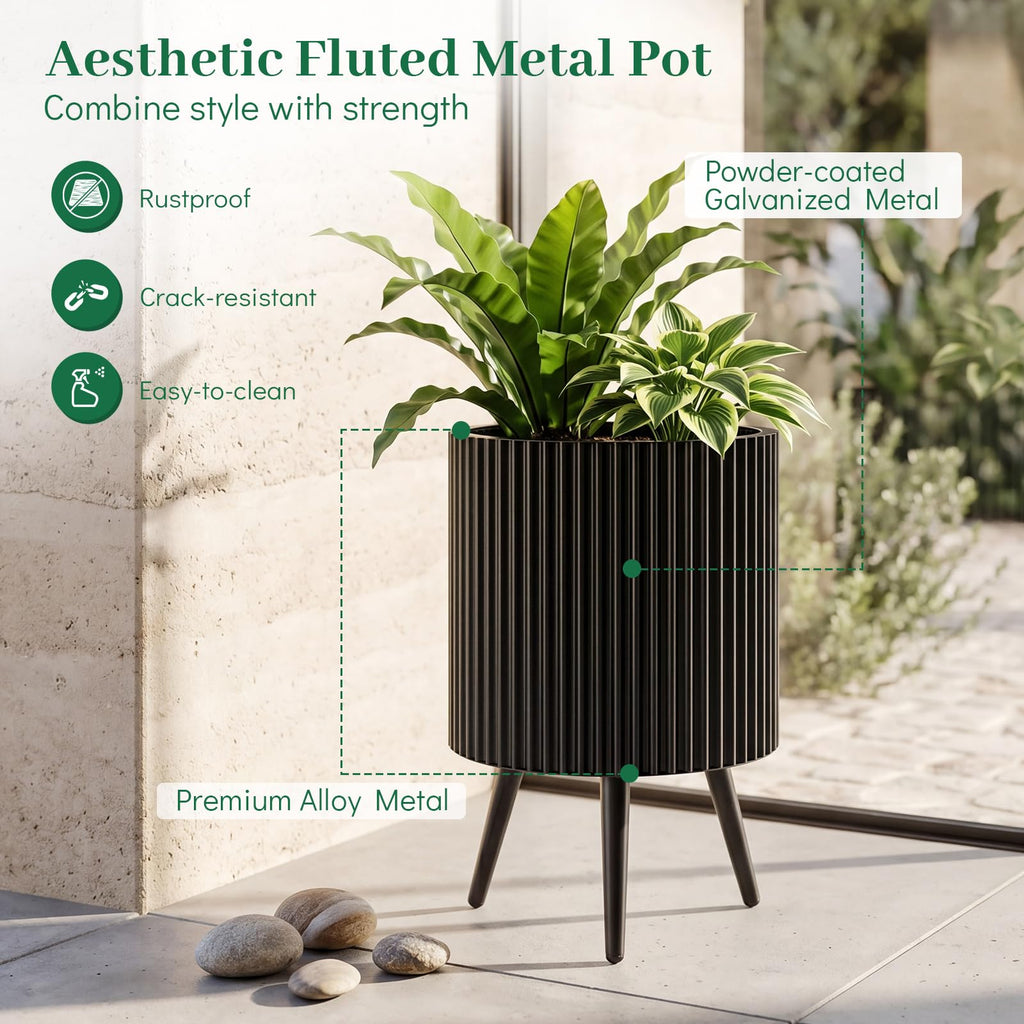 14 Inch Plant Pot with Stand, Mid-Century Modern Fluted Planter