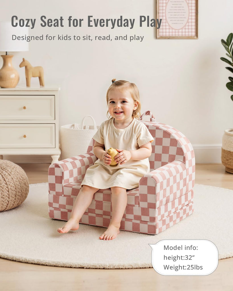 Foldable Kids Couch, in-1 Kids Sofa Chair, Blush Check