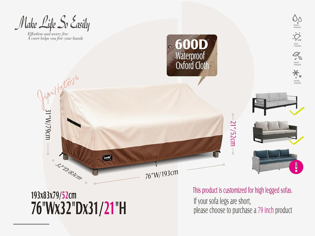 JinHrtoyi 3-Seater Outdoor Couch Cover, 76Wx32Dx31H inches Outdoor Furniture Covers Waterproof,100% Waterproof Heavy