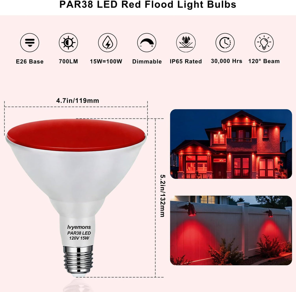 PAR38 Red LED Flood Light Bulbs Dimmable 120V 15W for Porch Party