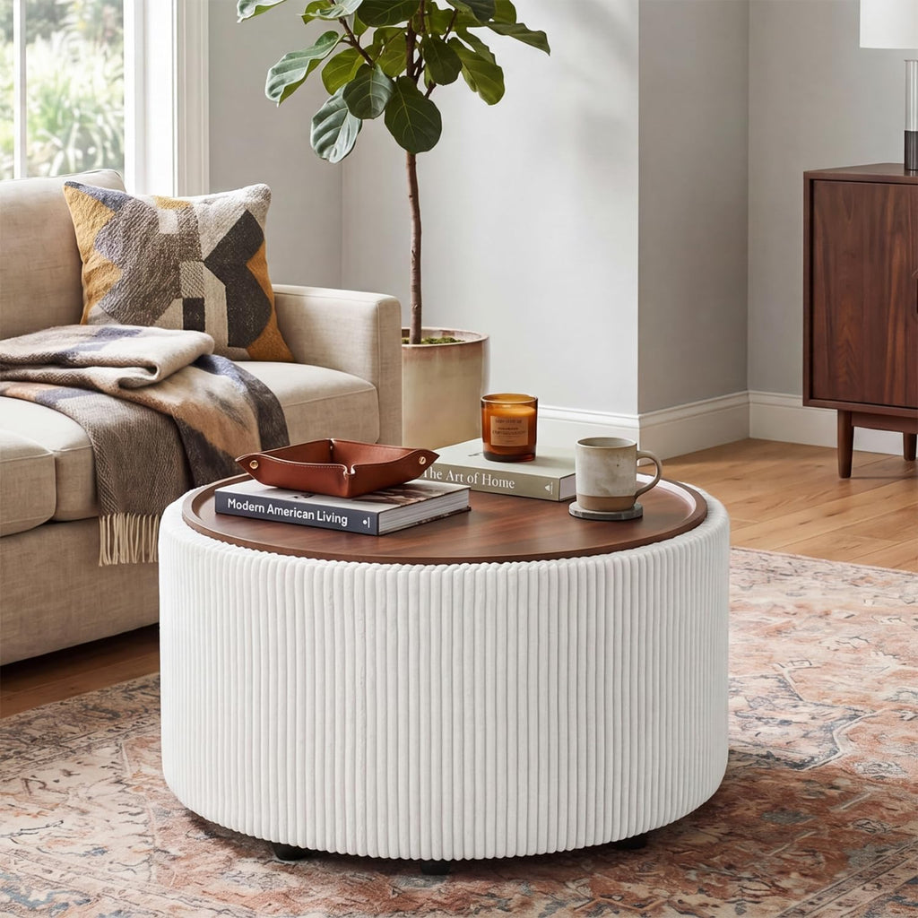 28" Round Storage Ottoman, Ottoman Coffee Table with Tray, Corduroy | Modern Ottomans with Storage with Anti-Slip