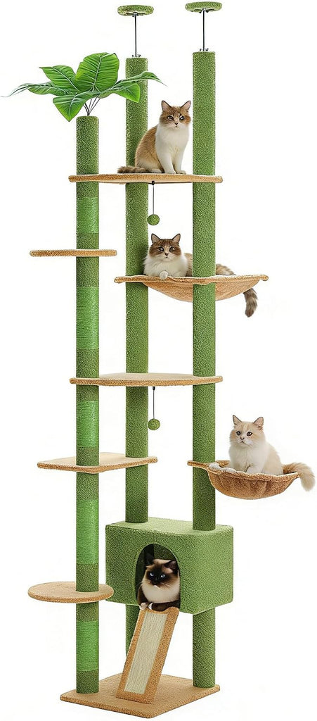 Floor to Ceiling Cat Tree, Height Adjustable 90.5-100.4'', Green