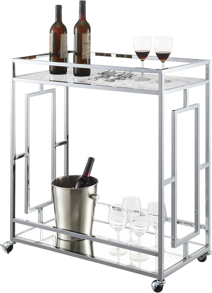 Town Square Chrome Faux Marble Mirrored Bar Cart 29.25" - Modern 360-Degree Swivel Serving Cart with Storage Shelf