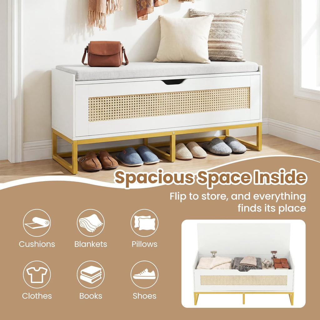 Rattan Shoe Bench, Flip-Top Entryway Bench with Removable Padded Seat & Hidden Storage, Wooden Shoe Storage Chest