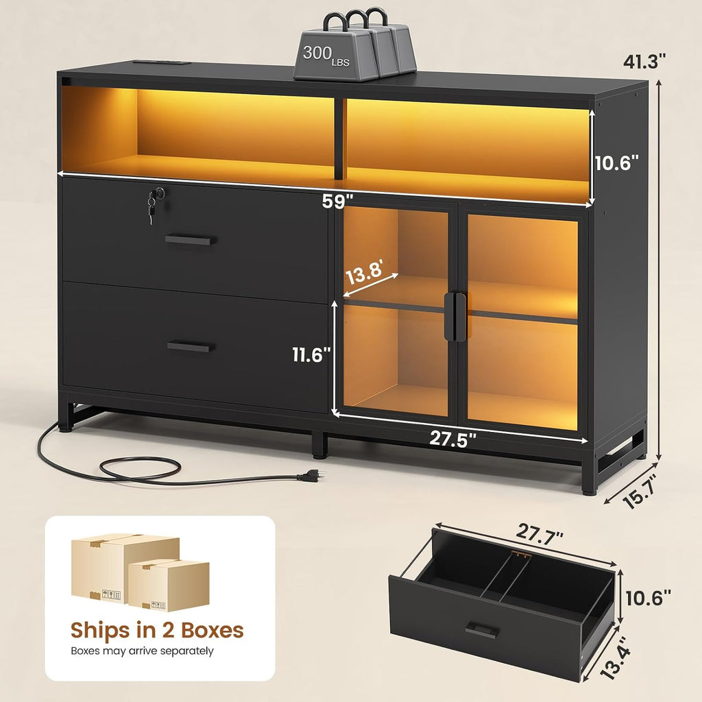 59" Filing Cabinet with Lock Drawers fits Legal Size | Black Lateral 2 Drawers File Cabinet with Acrylic Display