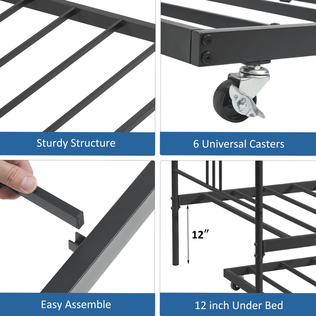 Twin Daybed with Trundle, Metal Twin Size Daybed with Pullout Trundle 6 Casters, Steel Slat Support Sofa Bed, Guest