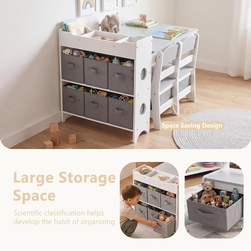 Kids Art Table & 2 Chairs Set, Bookshelf, Grey