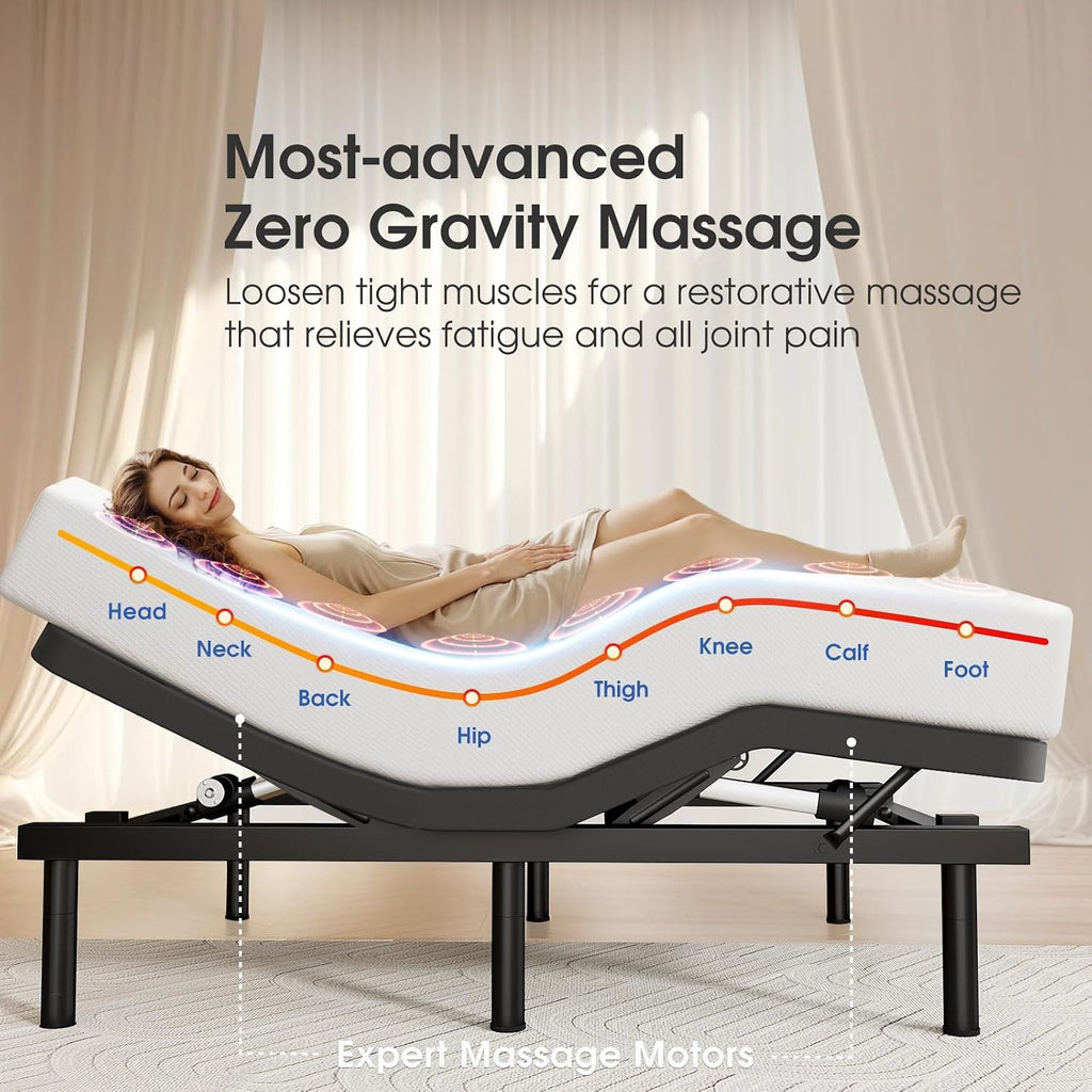 Adjustable Bed Frame Queen with Massage, Ergonomic Head & Foot Incline - Luxury Zero Gravity Electric Base with 4 USB