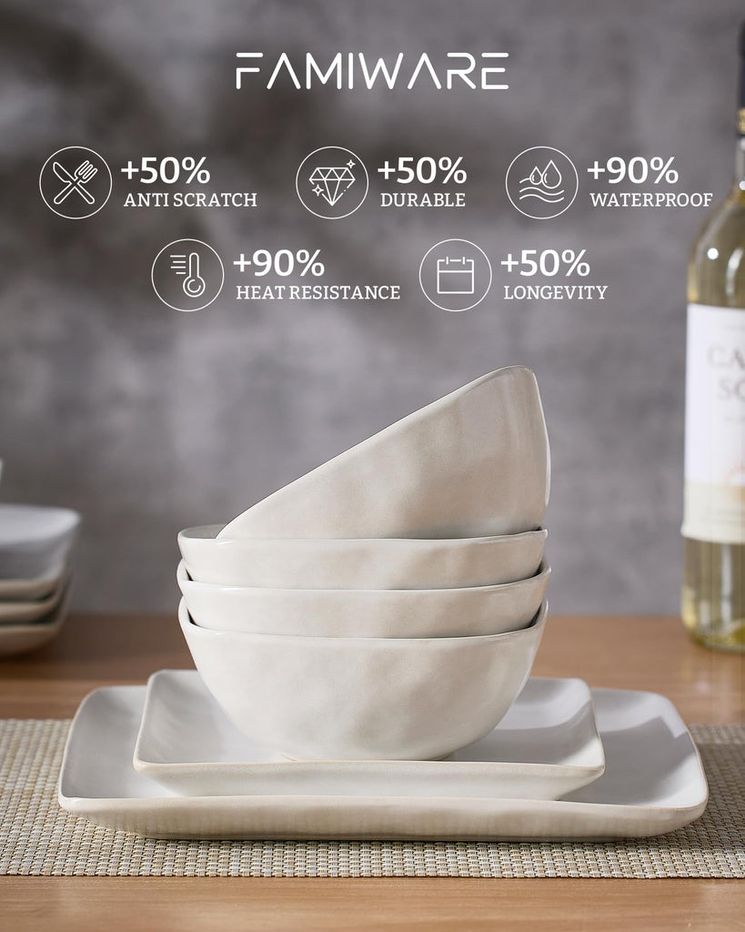 Square Ceramic Dinnerware Set for 6, Plates and Bowls, Matte White