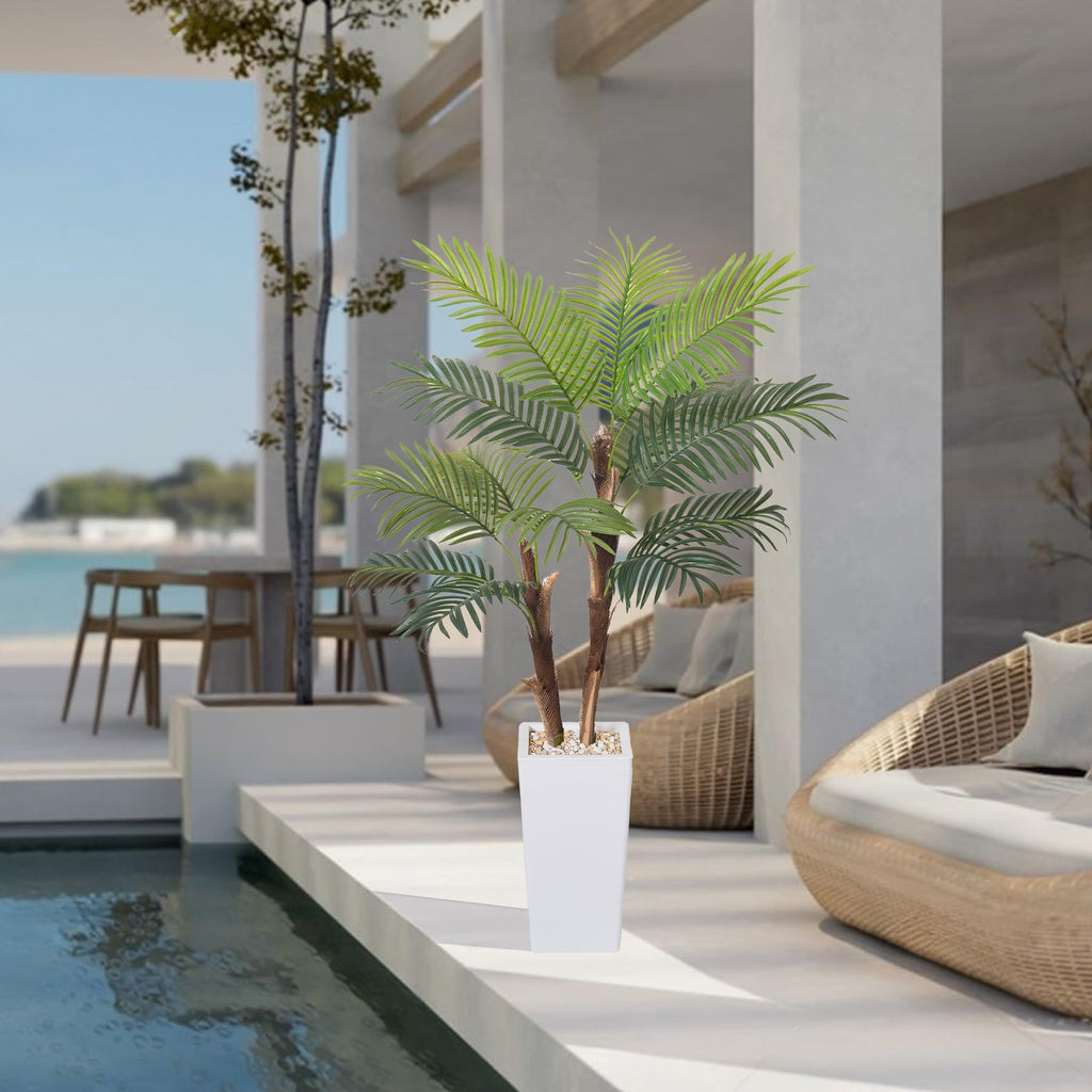 Artificial Palm Tree 5FT, Fake Tree with Realistic Fiber Trunks and White Tall Planter, Faux Tropical Areca Floor