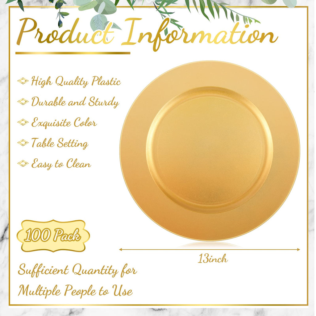 100 Pcs 13 Inch Round Plastic Chargers, Gold