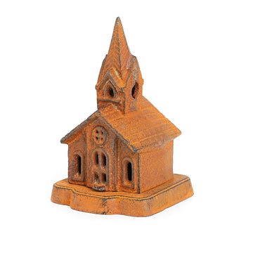 Vintage Mini Church Cast Iron Tealight Lantern - Rustic Rust