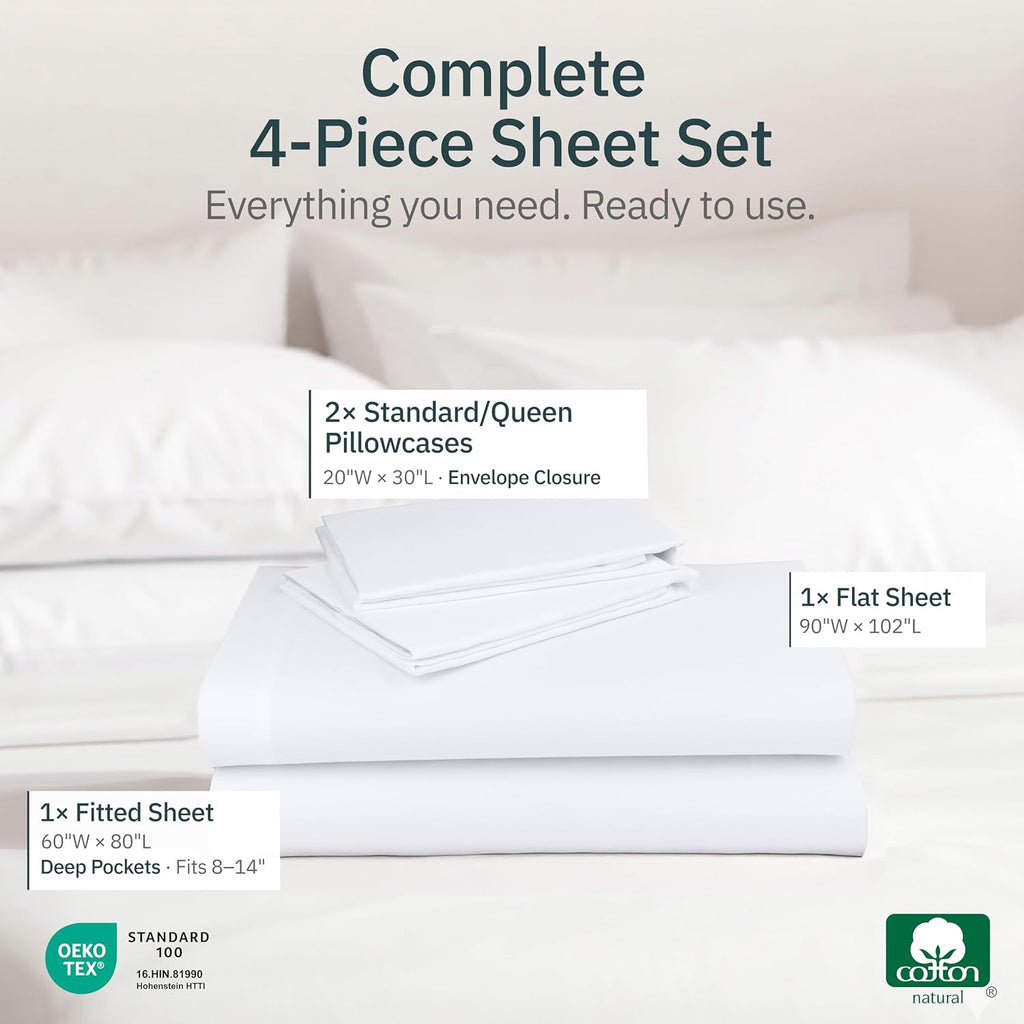 Super Soft 100% Cotton Queen Sheet Set - 4 Pcs - Durable Sheets, Deep Pockets, Easy Fit, Lightweight & Breathable