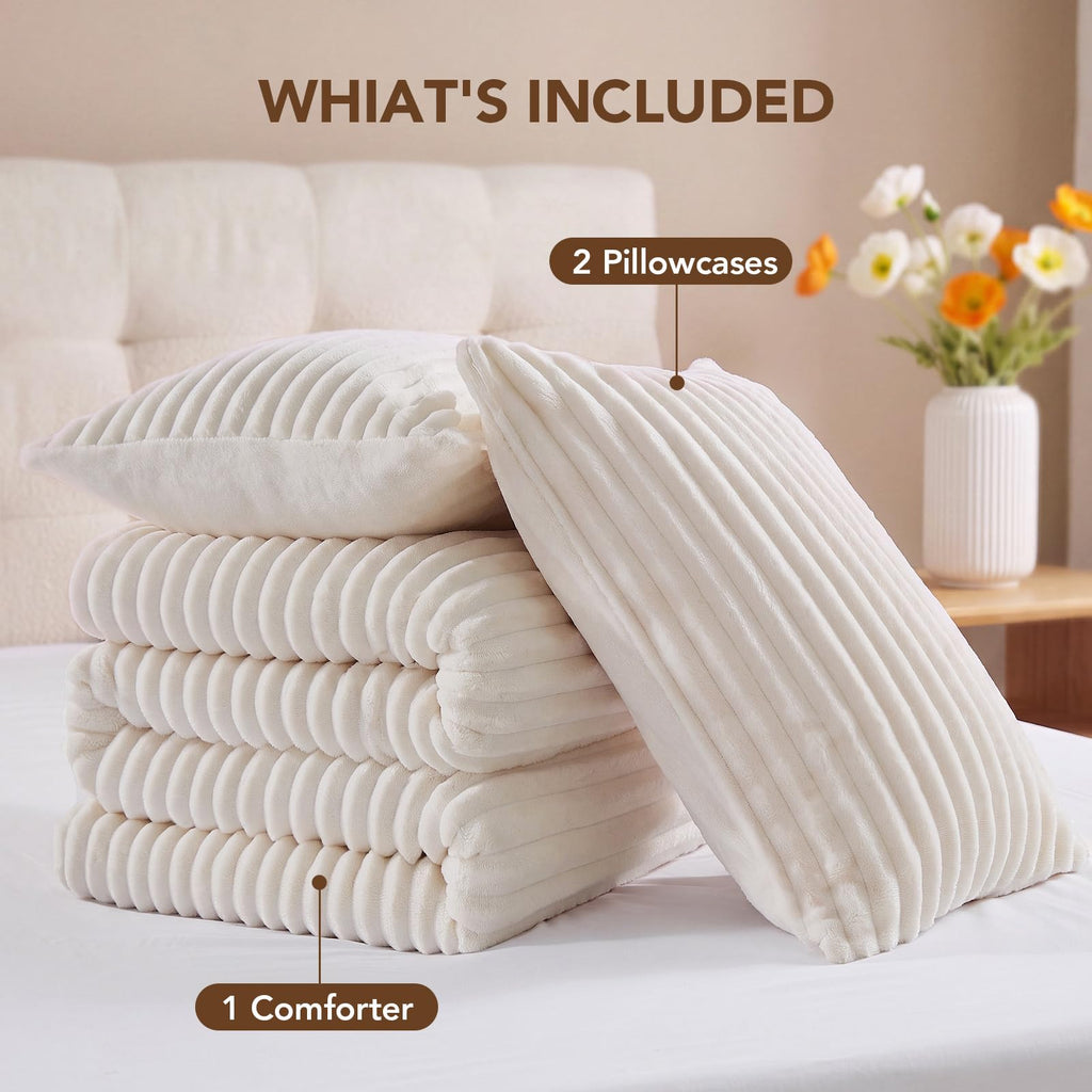 Fluffy Comforter Set 3 Pieces - Fleece Fluffy Soft & Warm Plush Cream White Comforter Sets, Luxury