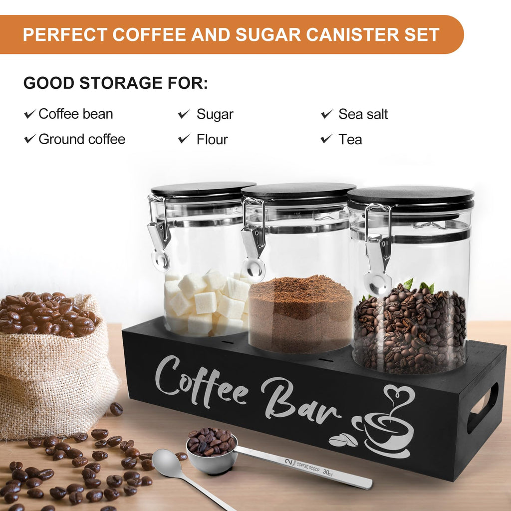 Glass Coffee Containers with Shelf Coffee Station Organizer 54oz Black Glass Coffees Bean Storage Canister with Spoon