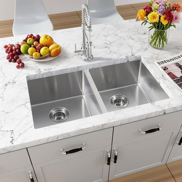 32 Inch Stainless Steel Double Sink,50/50 Undermount Double Sink | 16-Gauge T304 Double Bowl Kitchen Sink 32''x18'',9
