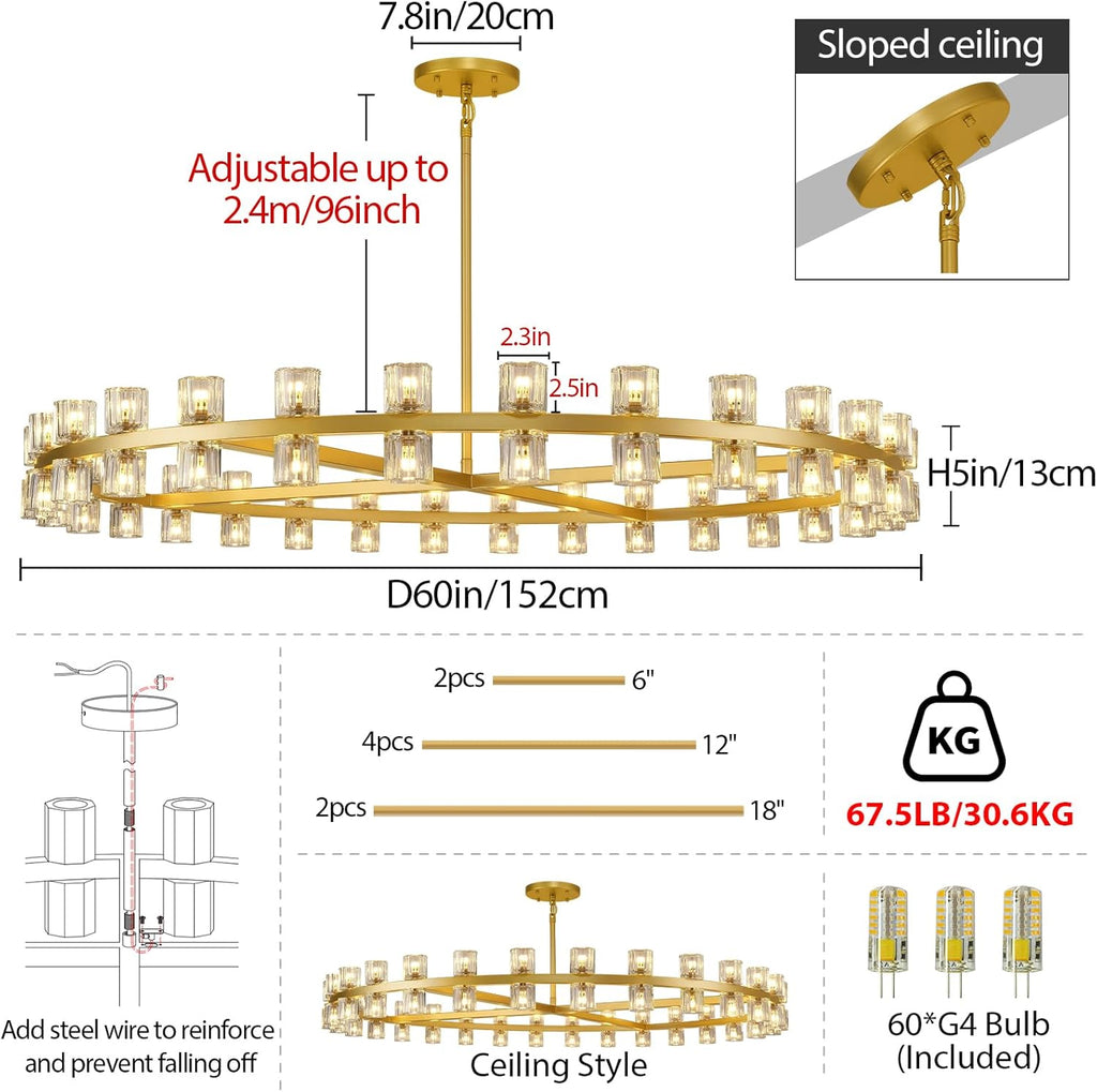 Modern Large 60inch Brass Gold Round Chandelier, 60-Light Crystal Chandelier for Living Room,Indoor Large Space Chandelier Fixtures,Farmhouse Wagon Wheel Chandelier,Including Lightbulbs A117-B0DWK3HS5R