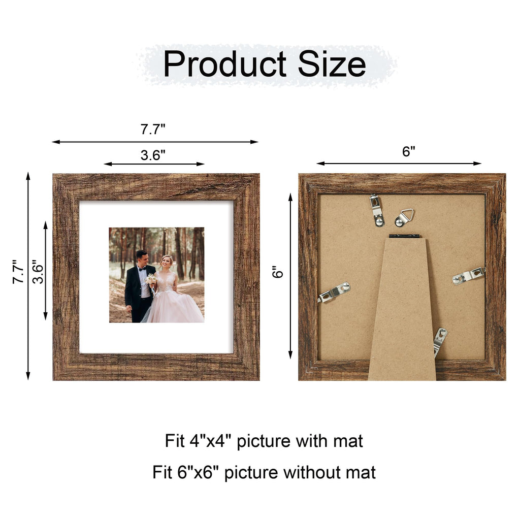 6x6 Picture Frame Set of 4 with Real Glass, Rustic Frames Display 4x4 Picture with Mat or 6 x 6 Without Mat, Wood