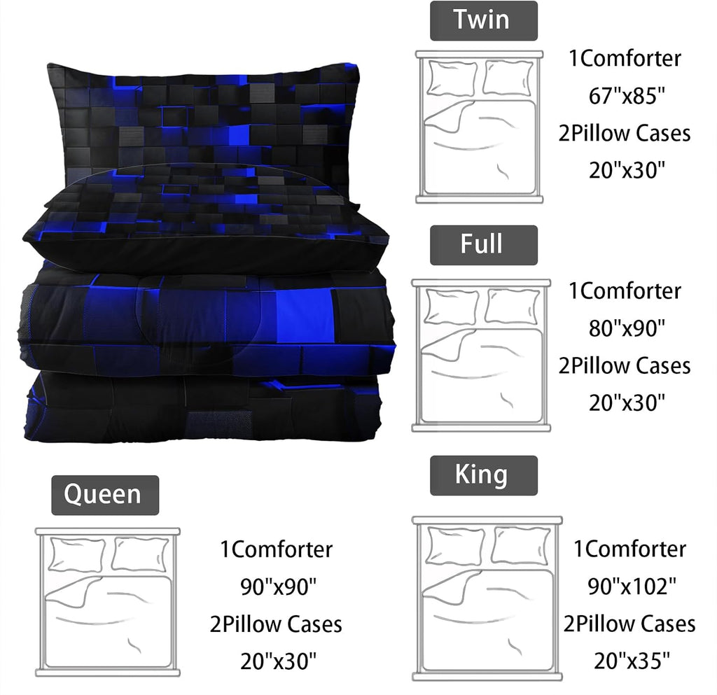 Neon Blue Black Comforter Set Full Geometric Kids Bedding Set,3 PCS Geometry Honeycomb Bed Set Modern Quilt Set 1