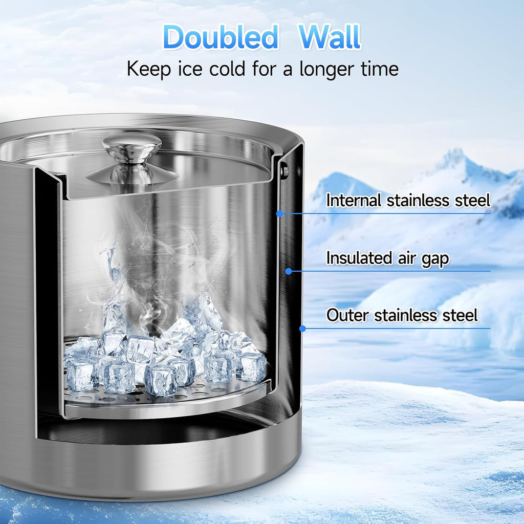 Ice Bucket, Ice Bucket with Lid Ice Tong Ice Scoop and Strainer for Cocktail Parties 3L Stainless Steel Insulated Ice