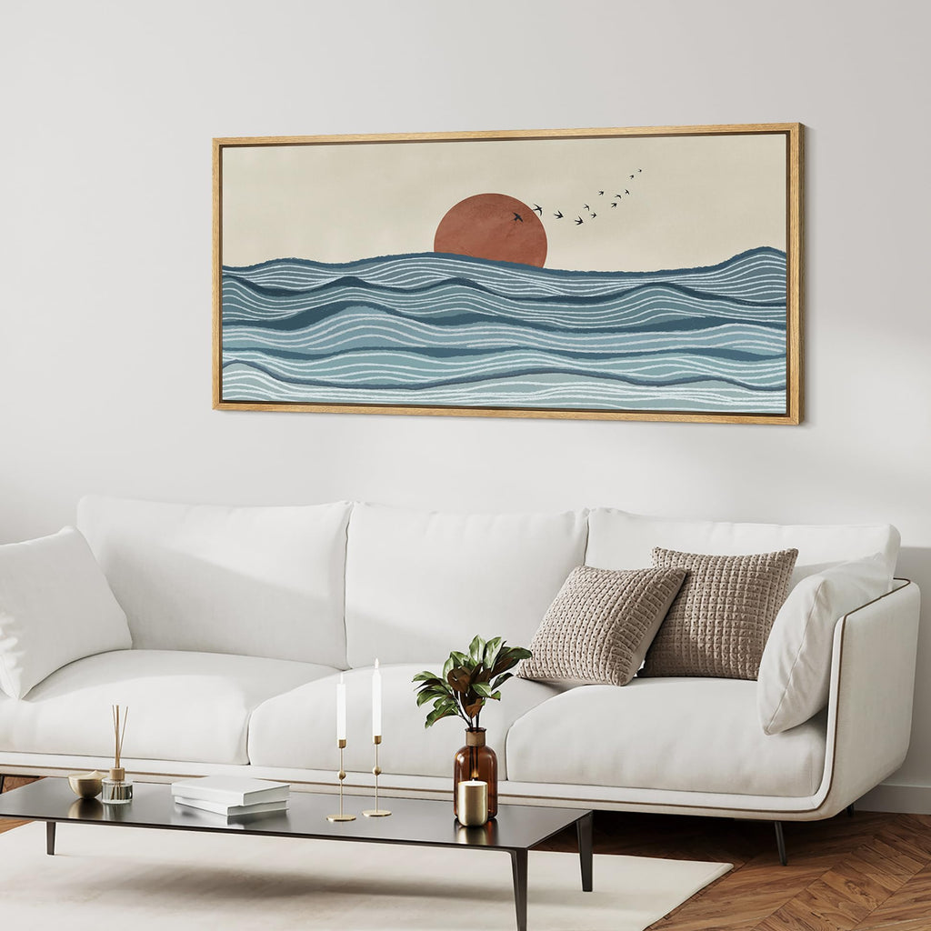 Extra Large Framed Canvas Print Wall Art Calm Seascape Ocean Waves and Setting Sun Illustrations Antique Retro Fine