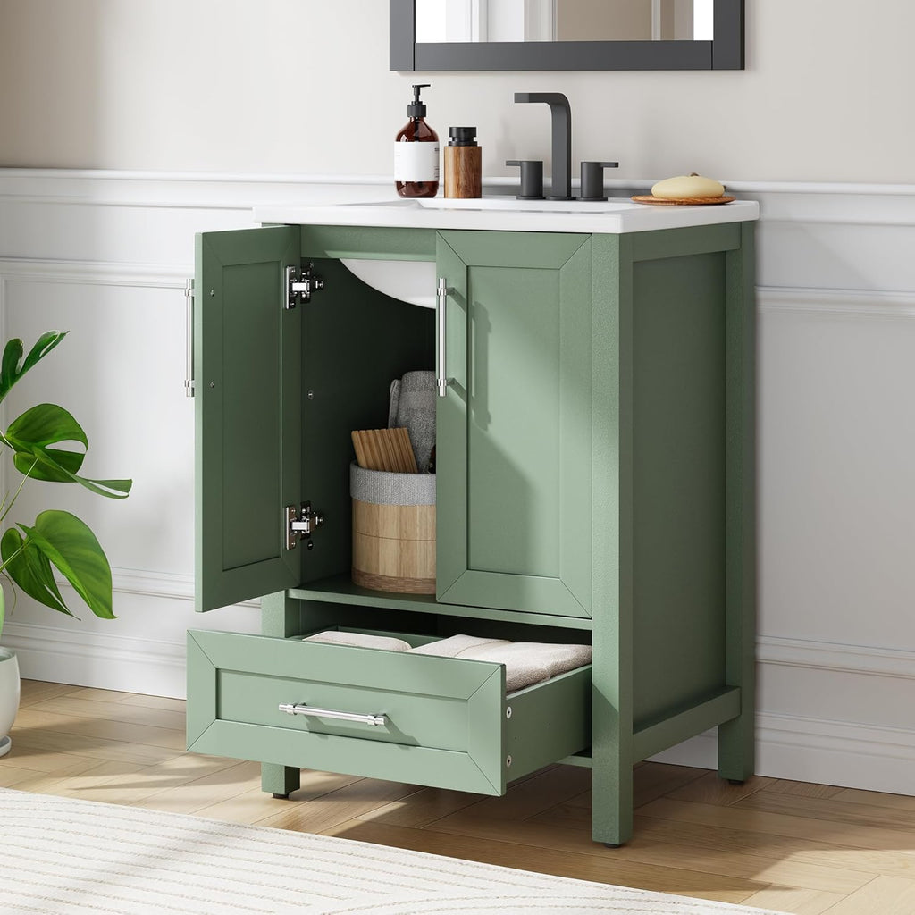 24" Light Green Freestanding Bathroom Vanity with Sink - Wooden Cabinet with Soft-Close Door