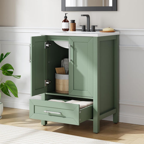 24" Light Green Freestanding Bathroom Vanity with Sink - Wooden Cabinet with Soft-Close Door