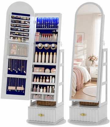 Arched LED Mirror Jewelry Cabinet with Full Length Mirror, White