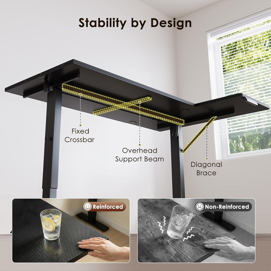 55" Reversible L Shaped Electric Standing Desk, Carbon Fiber Black | Corner Height Adjustable Computer Table, Stand