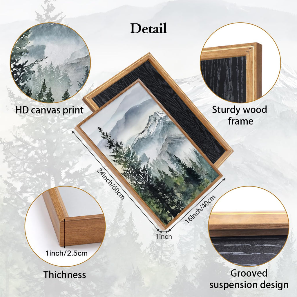 Misty Mountain Landscape Wall Art Green Pine Tree Wall Decor