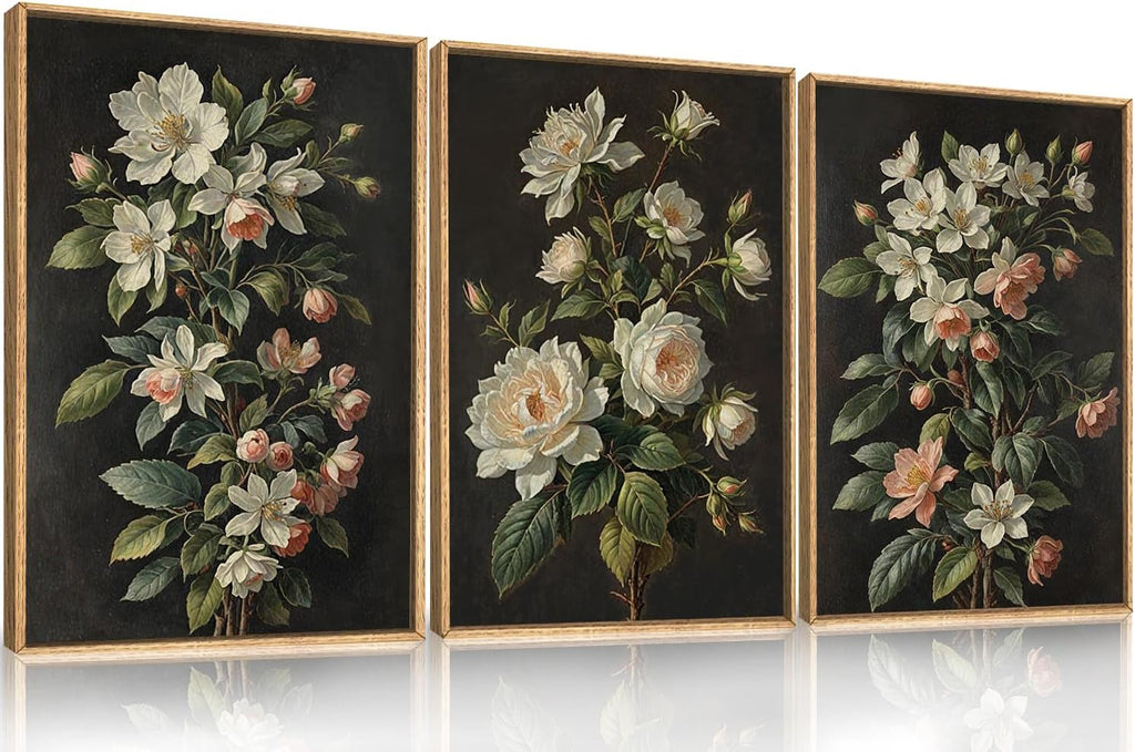 Large Dark Moody Flowers Framed Canvas Print Wall Art Set,Vintage Antique Black Botanical Wall Decor,Retro Modern