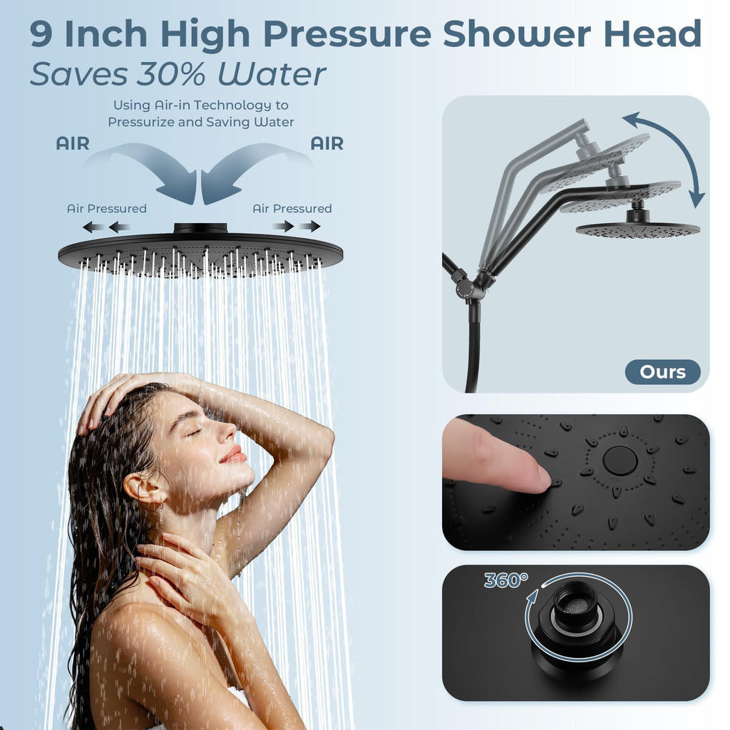 9" Rain Shower Head w/Handheld Combo, Slide Bar, Matte Black