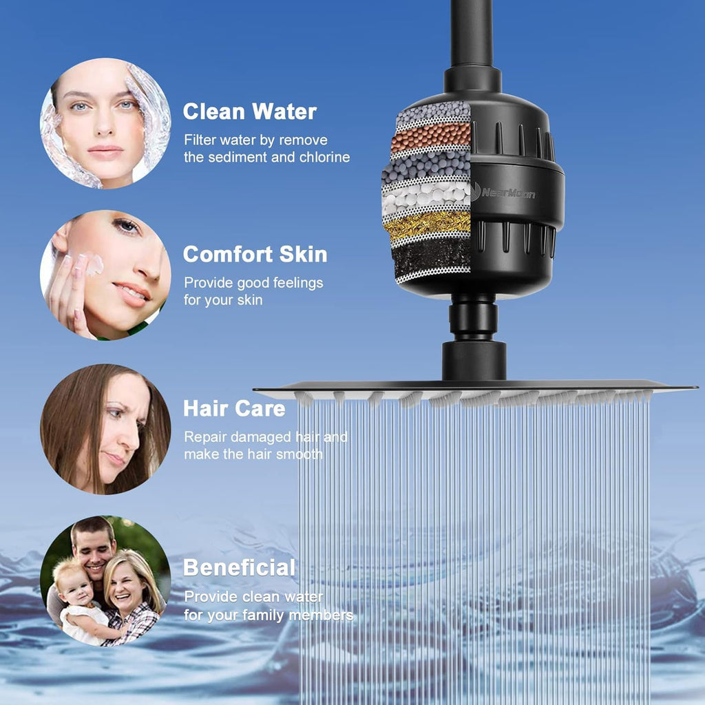 Filtered Rain Shower Head, High Pressure 8′′Square, and 5 settings Handheld Shower Filter Combo with Self-adhesive
