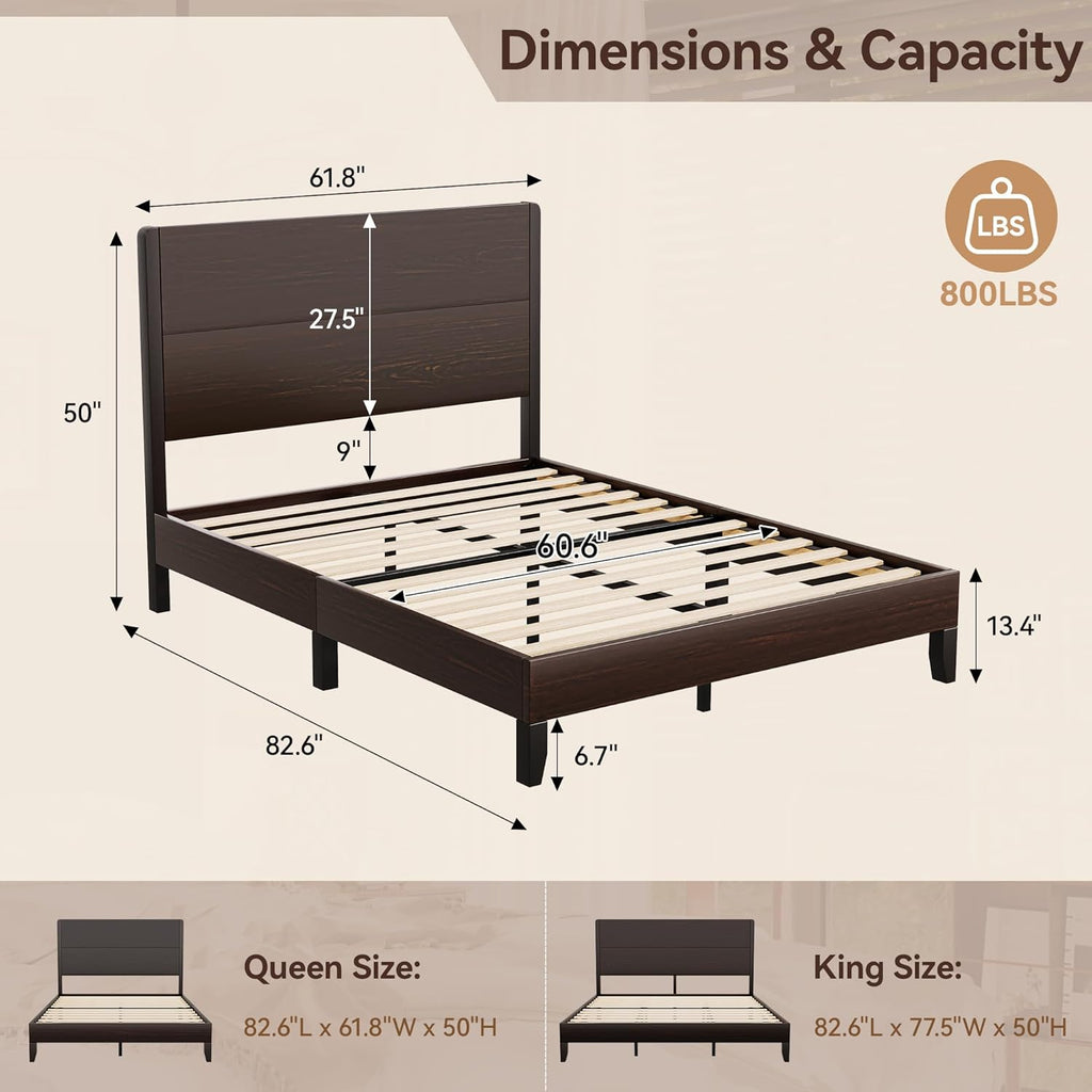 Wood Queen Bed Frame, Platform Bed with Tall Headboard, Solid Wood Slat Support, Noise-Free Mattress Foundation, No
