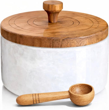Marble salt cellar with lid and spoon, salt container with spoon, salt bowl with acacia wood lid, salt holder