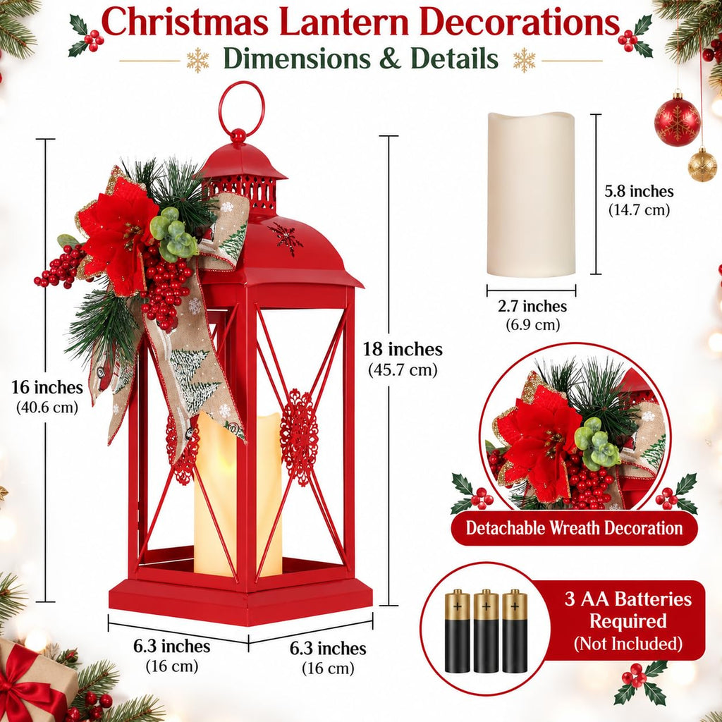 Christmas Decorations, 18" Metal Christmas Lantern with LED Candle and Floral Accents Decor, Decorative Hanging