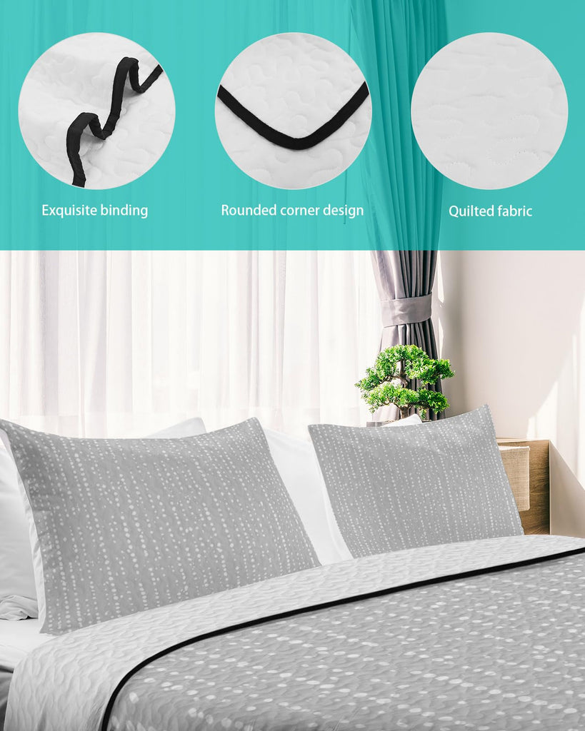 Vertical Ticking Quilt Set 3 Pieces Quilted Bedspread- Soft, Silver Linear Lightweight Quilt with 2 Pillow