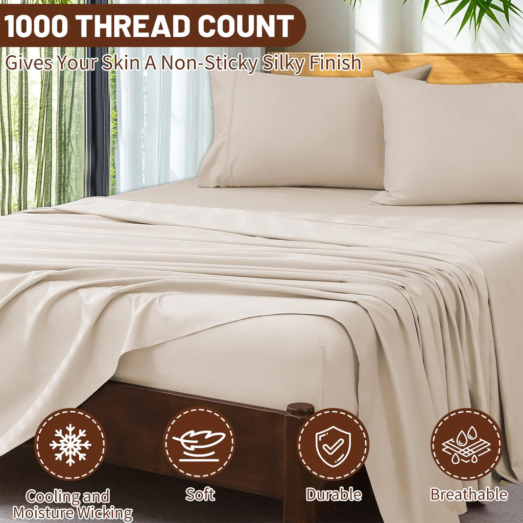Extra Deep Pocket King Sheets 18-24 Inch 100% Egyptian Cotton 1000 Thread Count Sateen Weave Soft Breathable 4