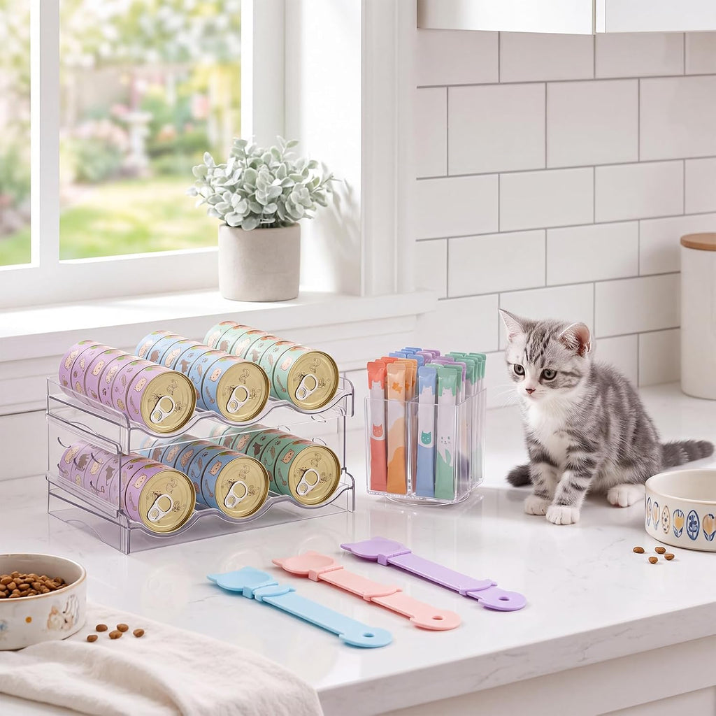 Cat Food Organizer Set, 2-Tier Can Rack & Cat Treat Organizer
