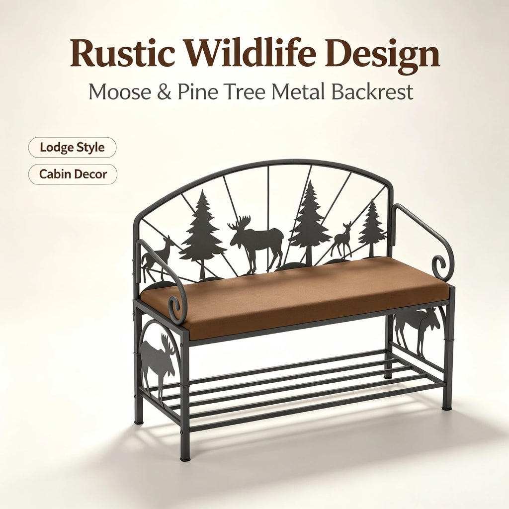 Metal Entryway Storage Bench with Cushion, Rustic Country Style