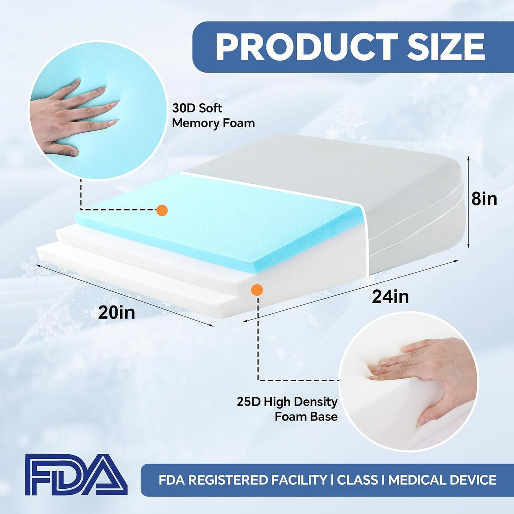 Adjustable Wedge Pillow, Q-max 0.35 Cooling Cover, 4 Heights Incline Pillow | 4 Adjustable Heights (2,4,6,8in)