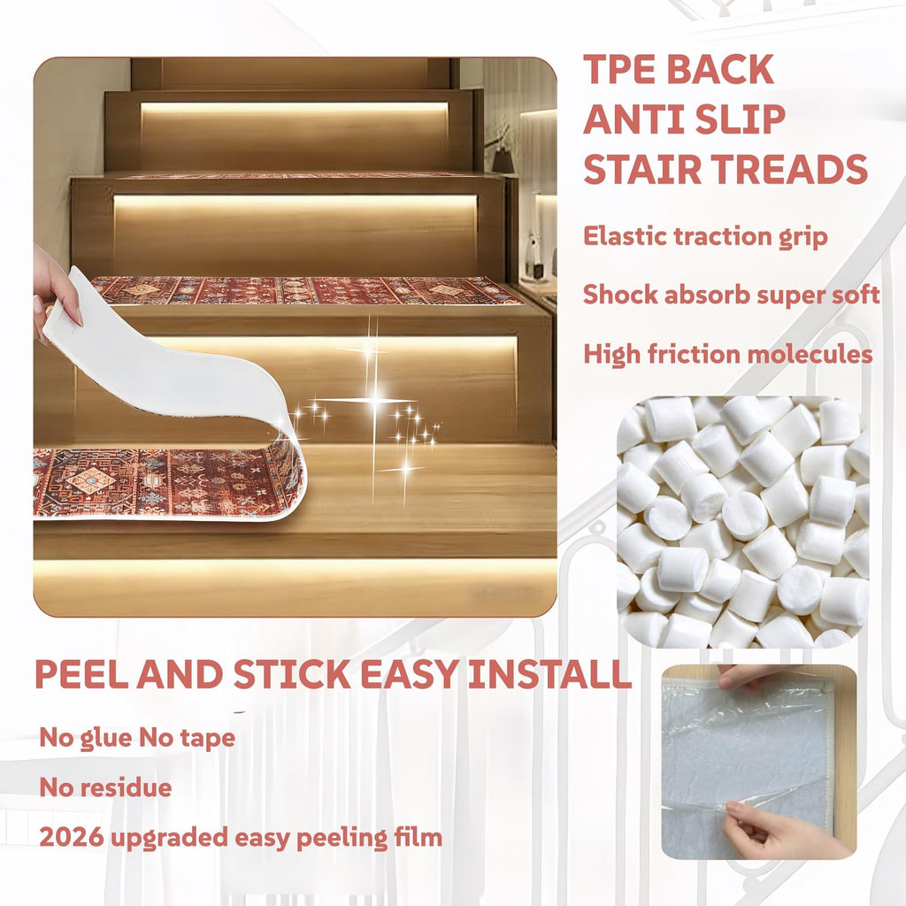 Stair Treads for Wooden Steps, Boho Brown Red, 8x30 inch, Pack of 15