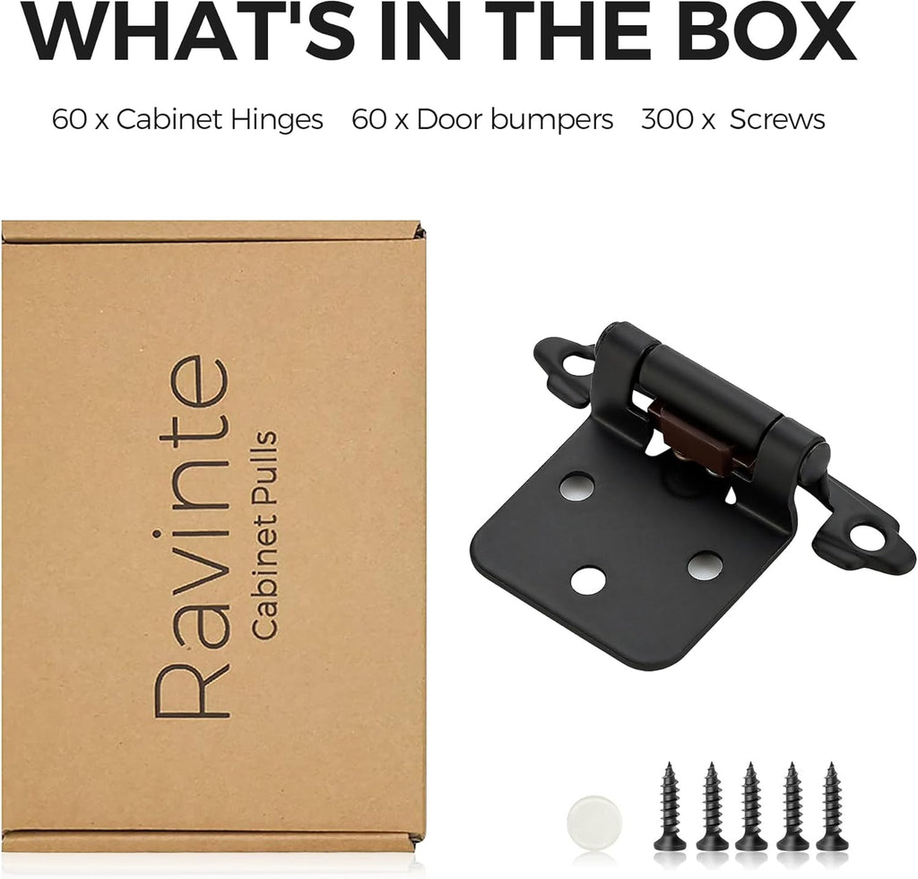 60 Pack (30 Pairs) 1/2" Overlay (Variable) Cabinet Hinges, Self-Closing Semi-Concealed Face Mount, Matte Black