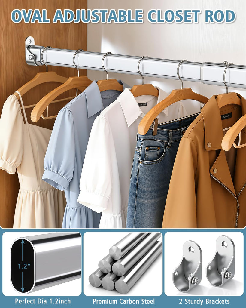 Heavy Duty Oval Closet Rod for Hanging Clothes, 29.5-51 Inch Adjustable Closet Rods, Premium Chrome